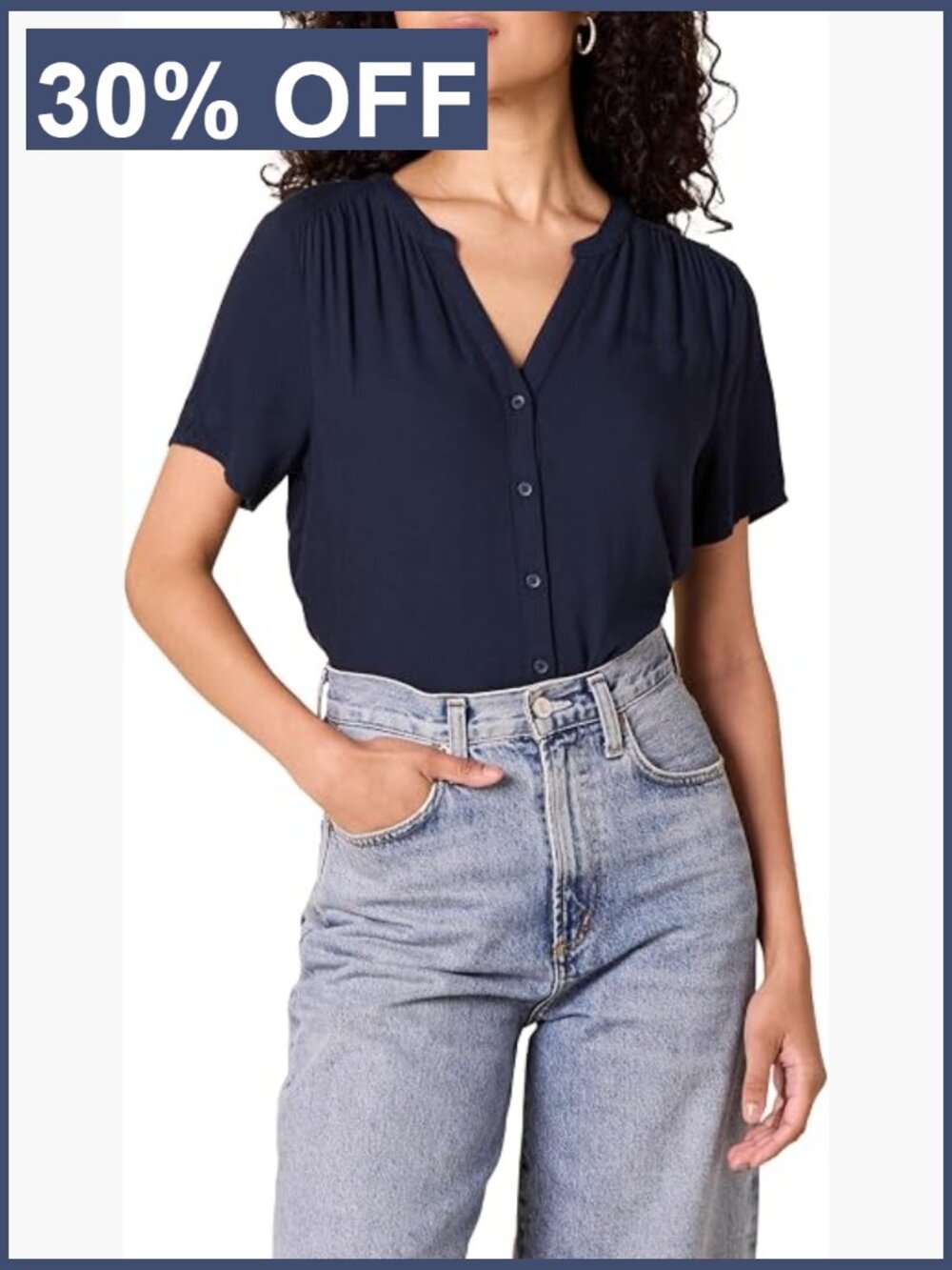Relaxed-Fit Short-Sleeve V-Neck Button-Front Woven Blouse